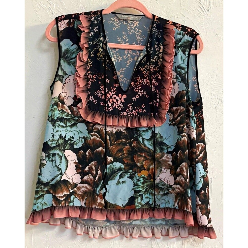 Clover Canyon Women’s Blouse M Black/Multicolor Floral V-Neck Ruffle Pullover